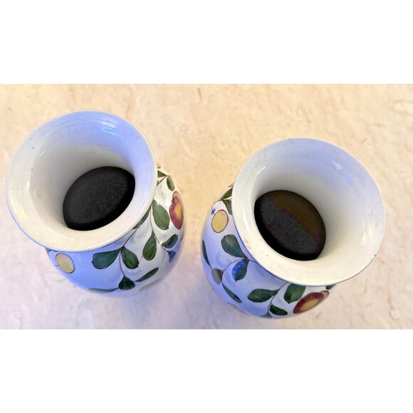 Chinese Ceramic Purple Yellow Plums Buds Green Leaves Chinoiserie 2 Vases VTG - Picture 2 of 5